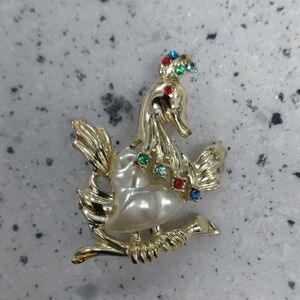 Vintage Gold Swan With Multi Colored Stones And Baroque Pearl Brooch